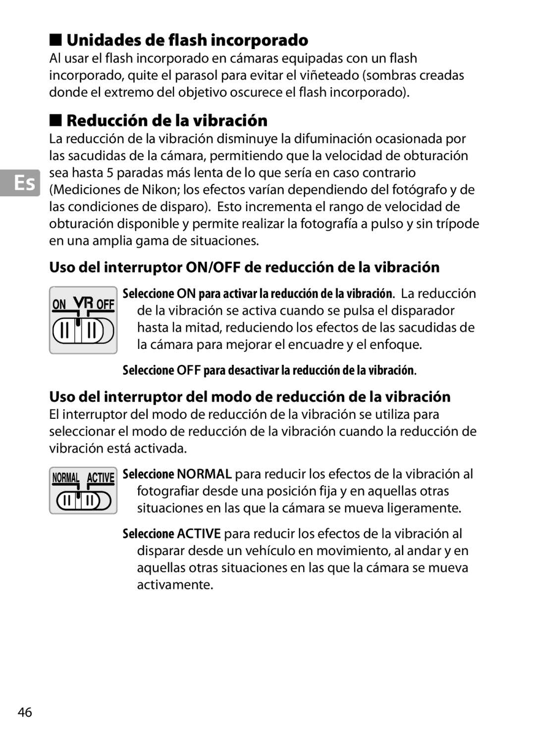 Nikon 2202 user manual Unidades de flash incorporado, Reducción de la vibración 