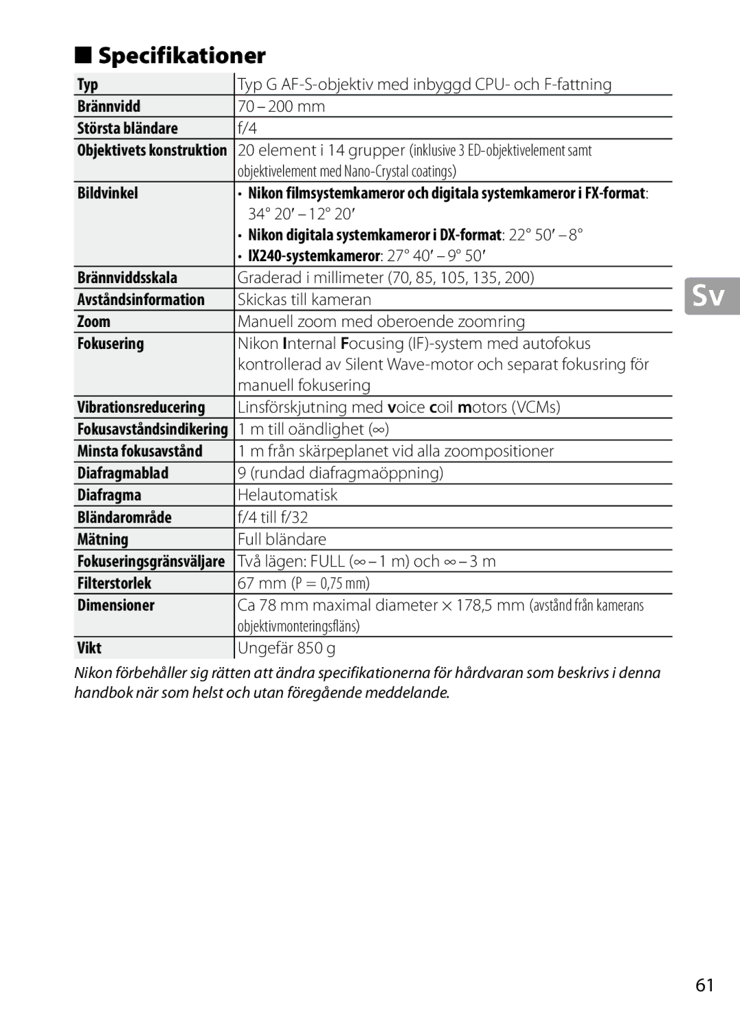 Nikon 2202 user manual Specifikationer 