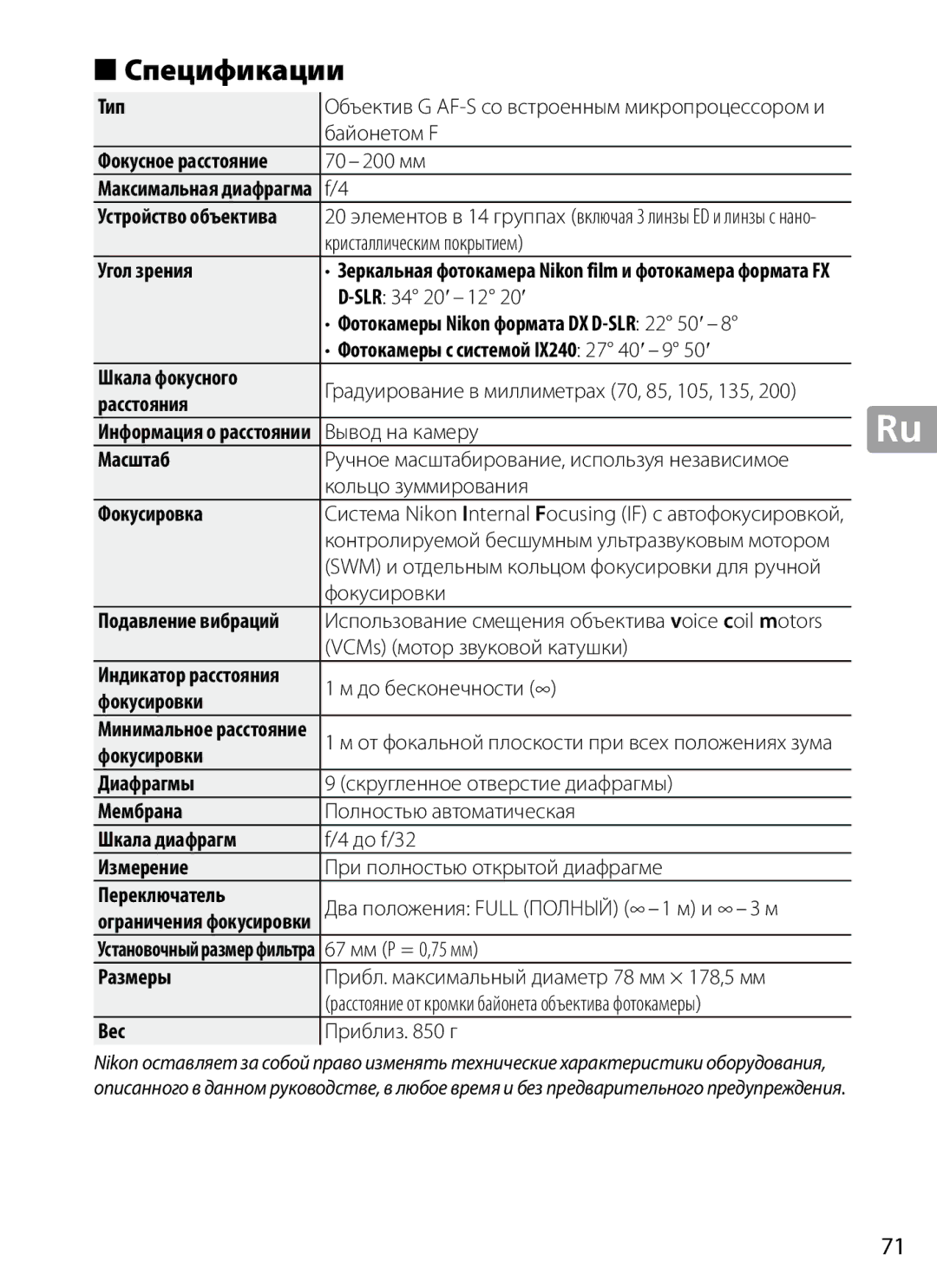 Nikon 2202 user manual Спецификации 