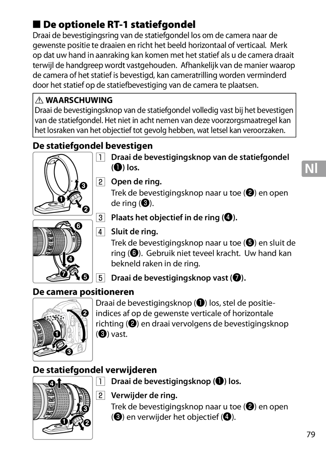 Nikon 2202 user manual De optionele RT‑1 statiefgondel, De statiefgondel bevestigen, De camera positioneren 