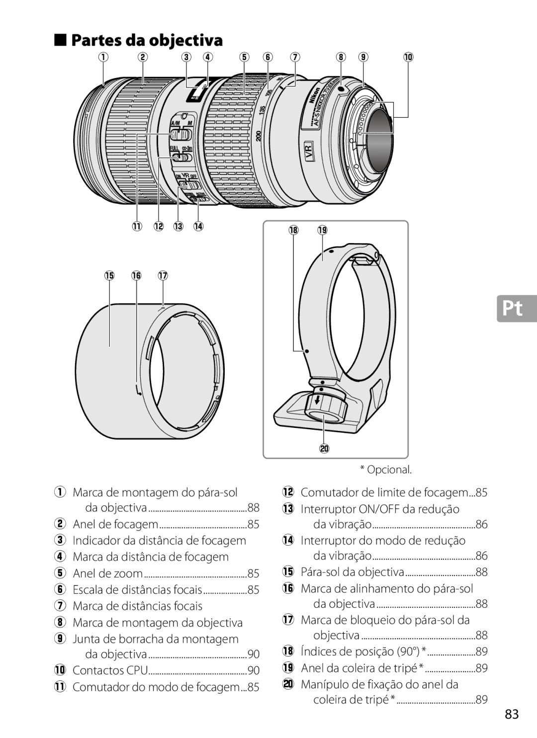 Nikon 2202 user manual Partes da objectiva 