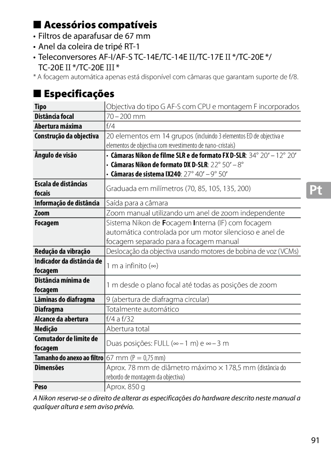 Nikon 2202 user manual Acessórios compatíveis, Especificações 