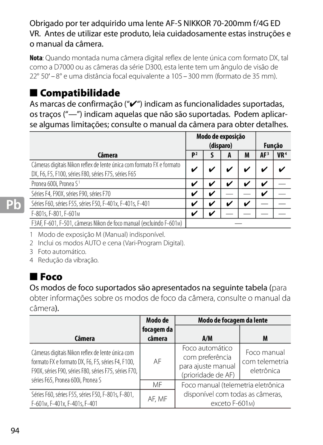 Nikon 2202 user manual Foco, Câmera, Função, Modo de focagem da lente 