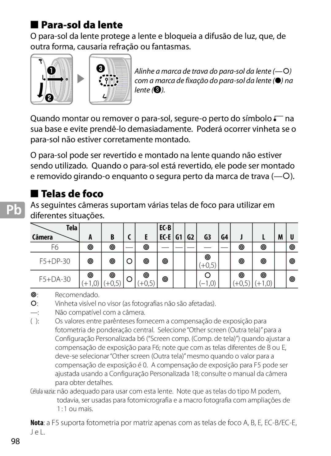 Nikon 2202 user manual Para-sol da lente, Telas de foco, Diferentes situações, Para obter detalhes, Ou mais 