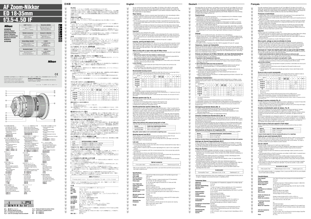 Nikon 2207 specifications Major features, Hauptmerkmale, Principales caractéristiques, Recommended focusing screens 