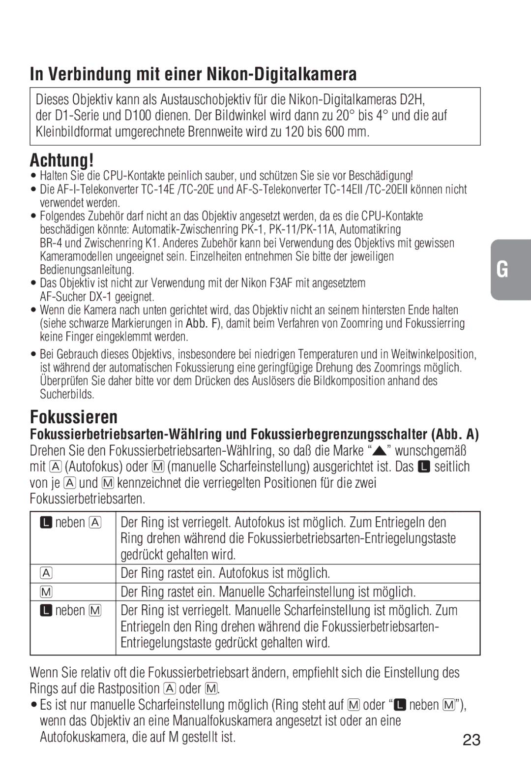 Nikon 2208 instruction manual Verbindung mit einer Nikon-Digitalkamera, Achtung, Fokussieren 