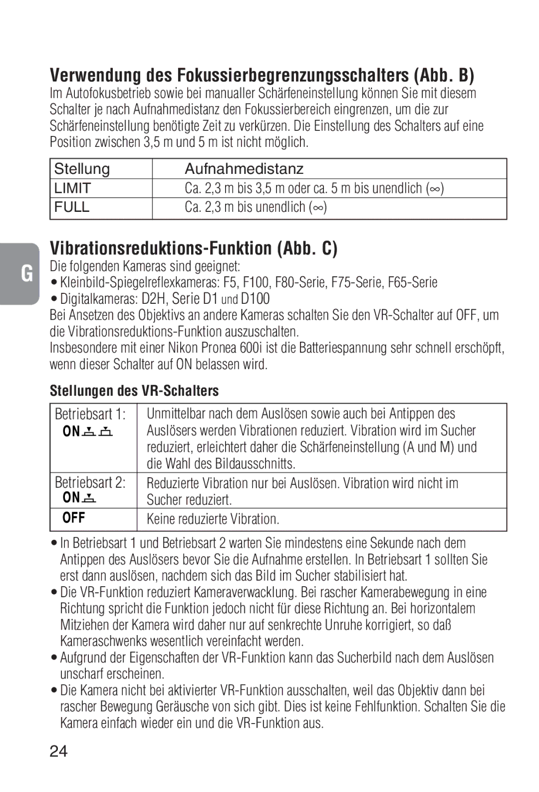 Nikon 2208 instruction manual Vibrationsreduktions-Funktion Abb. C, Stellungen des VR-Schalters 