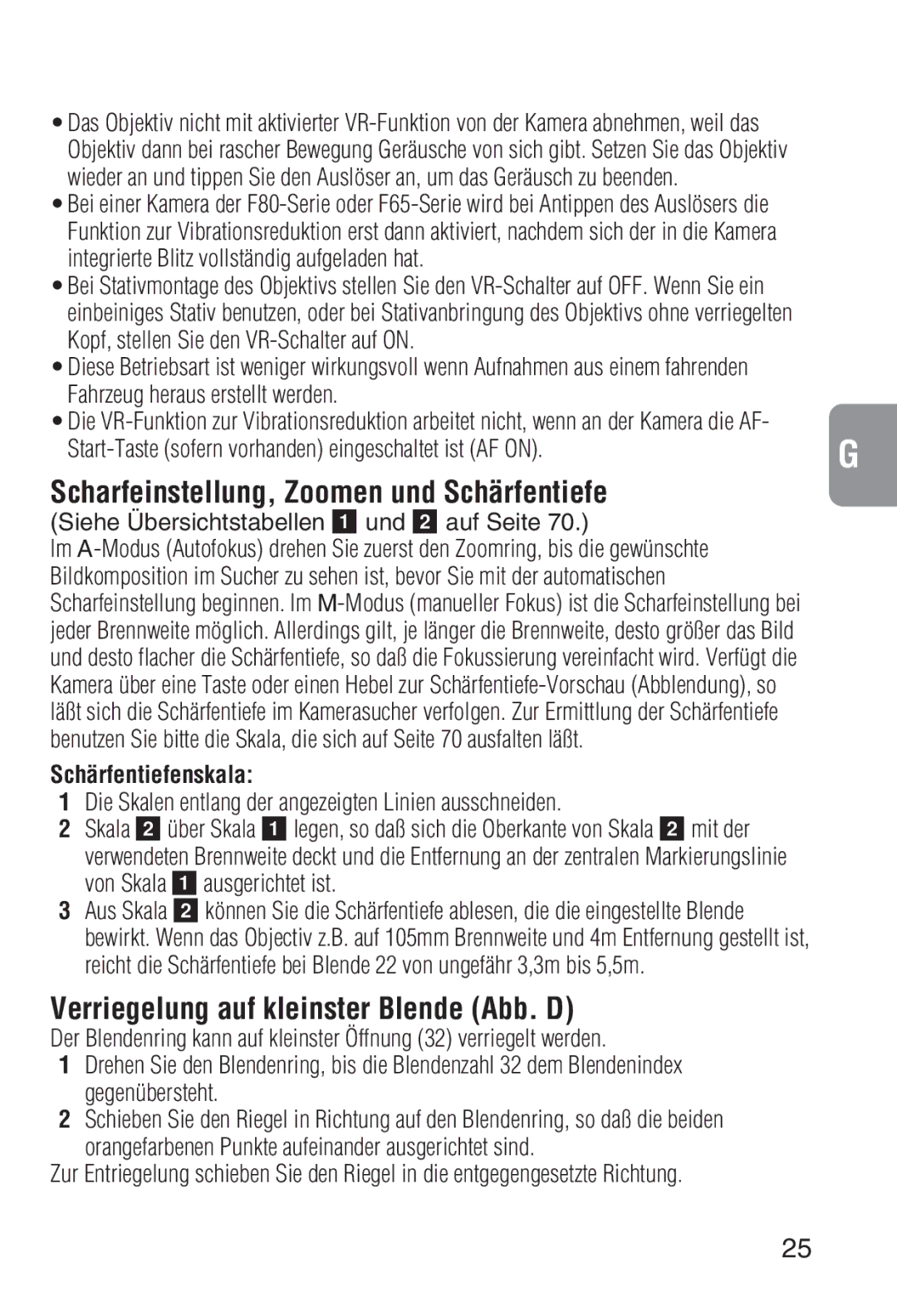 Nikon 2208 Scharfeinstellung, Zoomen und Schärfentiefe, Verriegelung auf kleinster Blende Abb. D, Schärfentiefenskala 