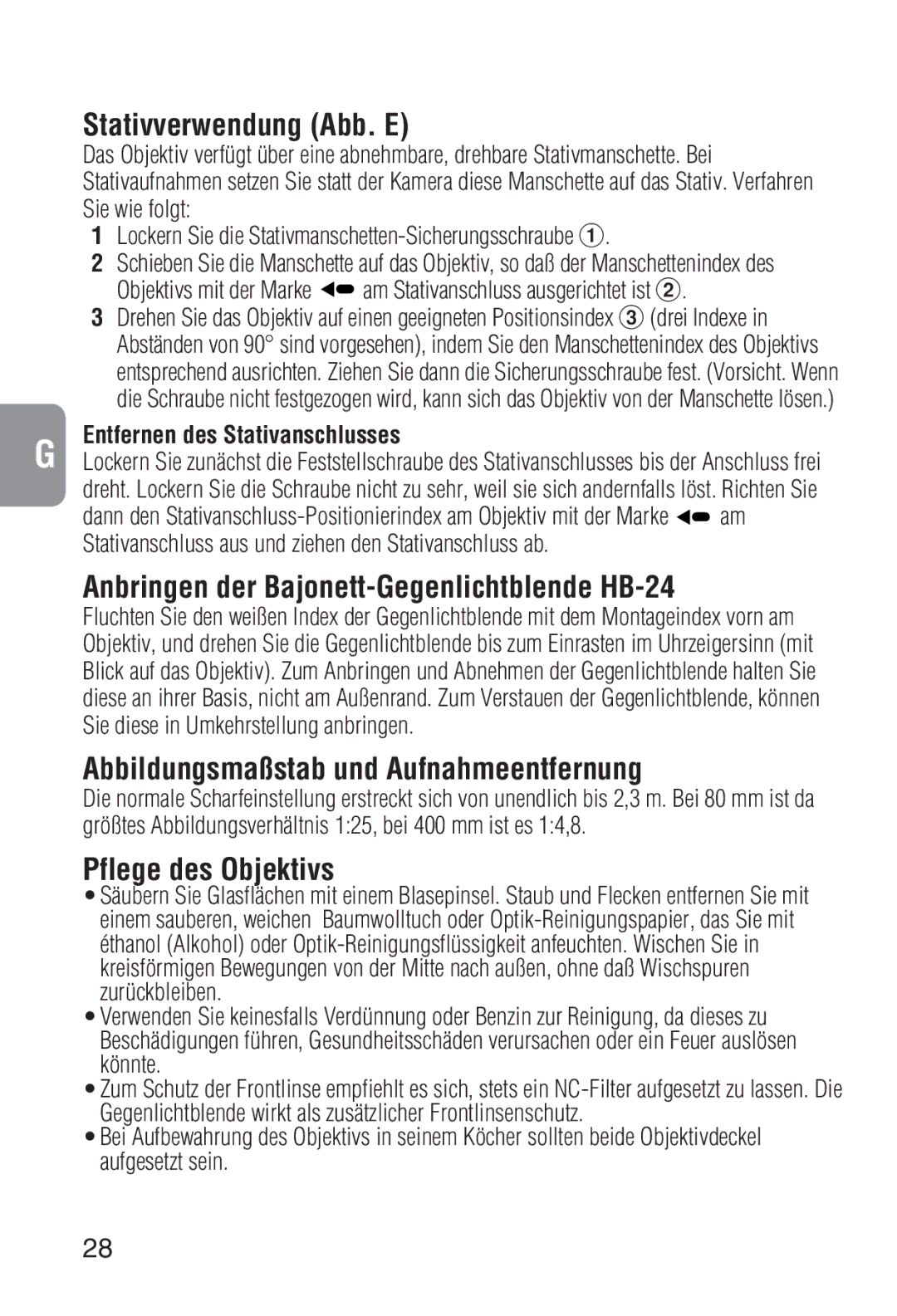 Nikon 2208 instruction manual Stativverwendung Abb. E, Anbringen der Bajonett-Gegenlichtblende HB-24, Pflege des Objektivs 