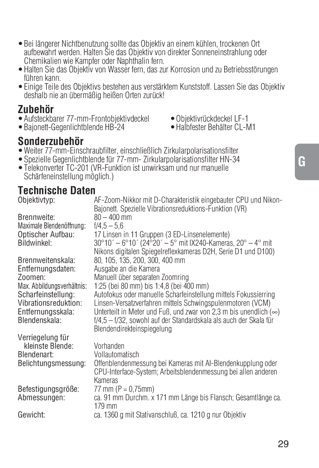 Nikon 2208 instruction manual Zubehör, Sonderzubehör, Technische Daten, Bajonett-Gegenlichtblende HB-24 