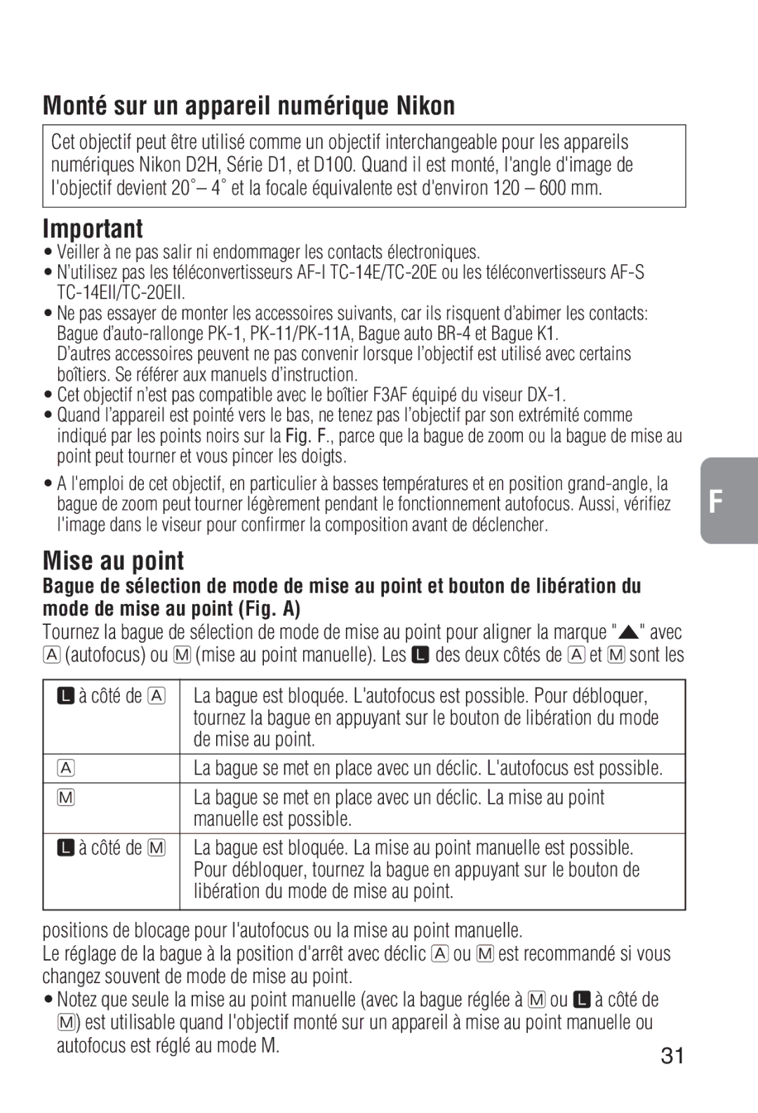 Nikon 2208 instruction manual Monté sur un appareil numérique Nikon, Mise au point, Mode de mise au point Fig. a 