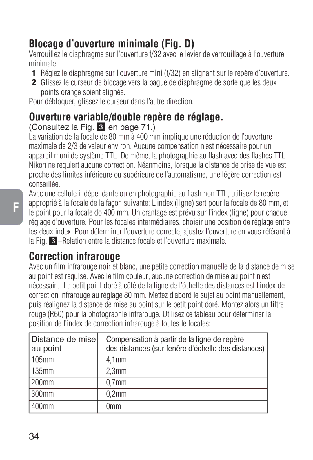 Nikon 2208 Blocage d’ouverture minimale Fig. D, Ouverture variable/double repère de réglage, Correction infrarouge 