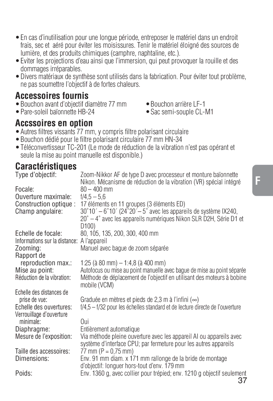 Nikon 2208 instruction manual Accessoires fournis, Accssoires en option, Caractéristiques, Pare-soleil baïonnette HB-24 