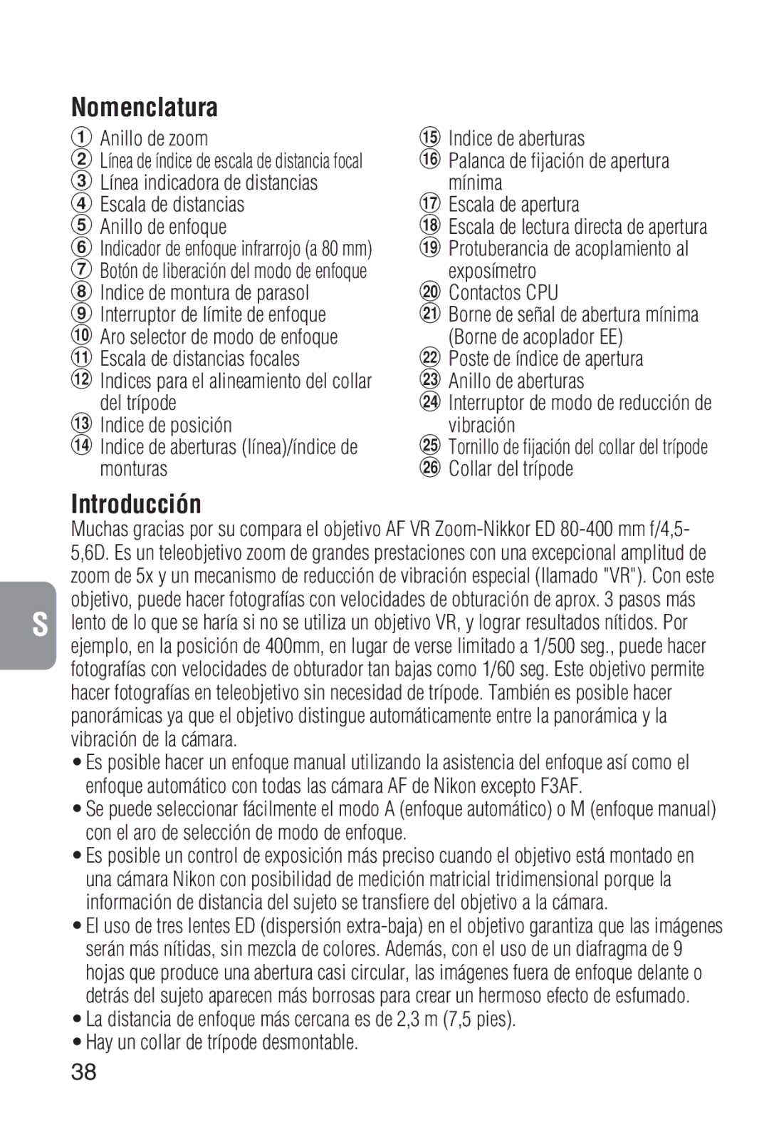 Nikon 2208 Nomenclatura, Introducción, Anillo de zoom, Borne de señal de abertura mínima Borne de acoplador EE 