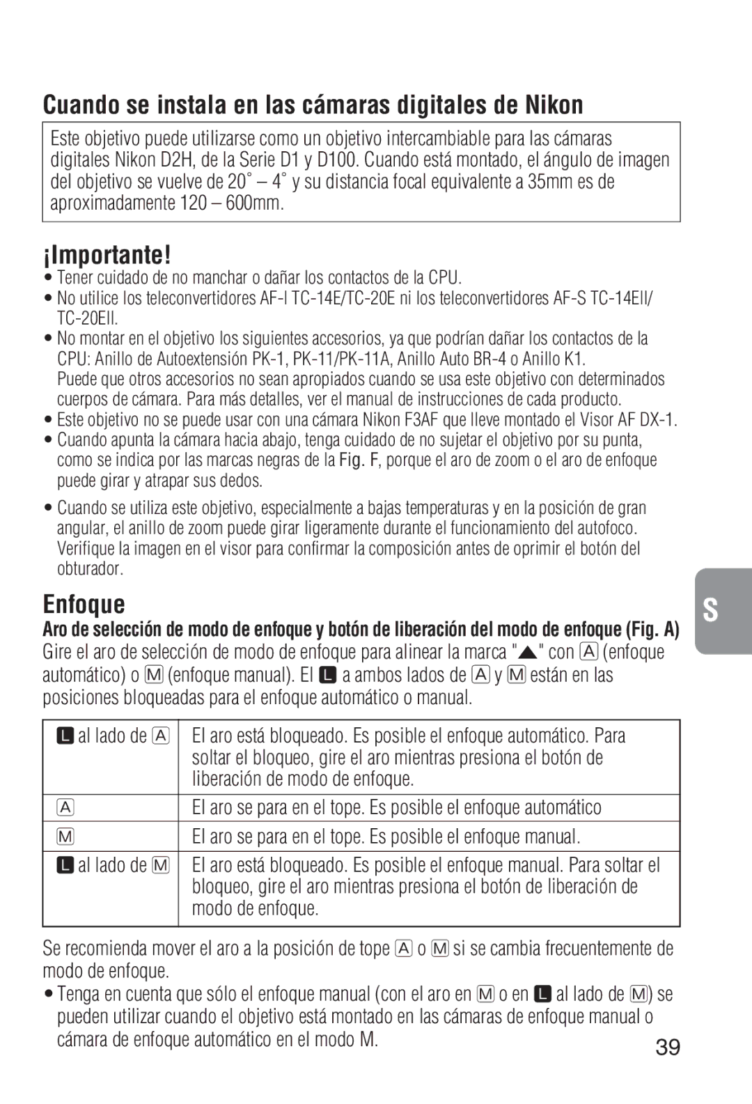 Nikon 2208 instruction manual Cuando se instala en las cámaras digitales de Nikon, ¡Importante, Enfoque 