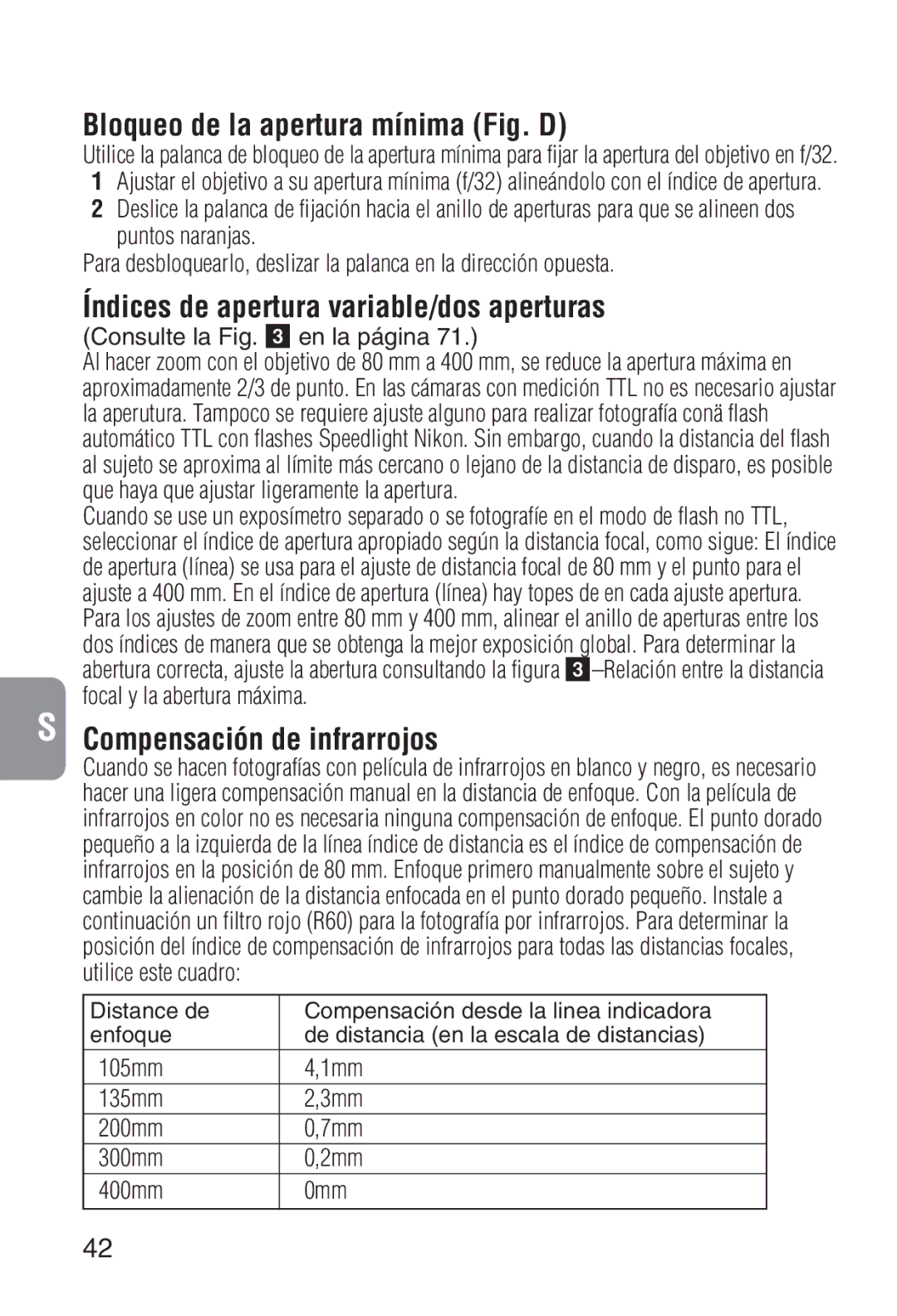 Nikon 2208 Bloqueo de la apertura mínima Fig. D, Índices de apertura variable/dos aperturas, Compensación de infrarrojos 