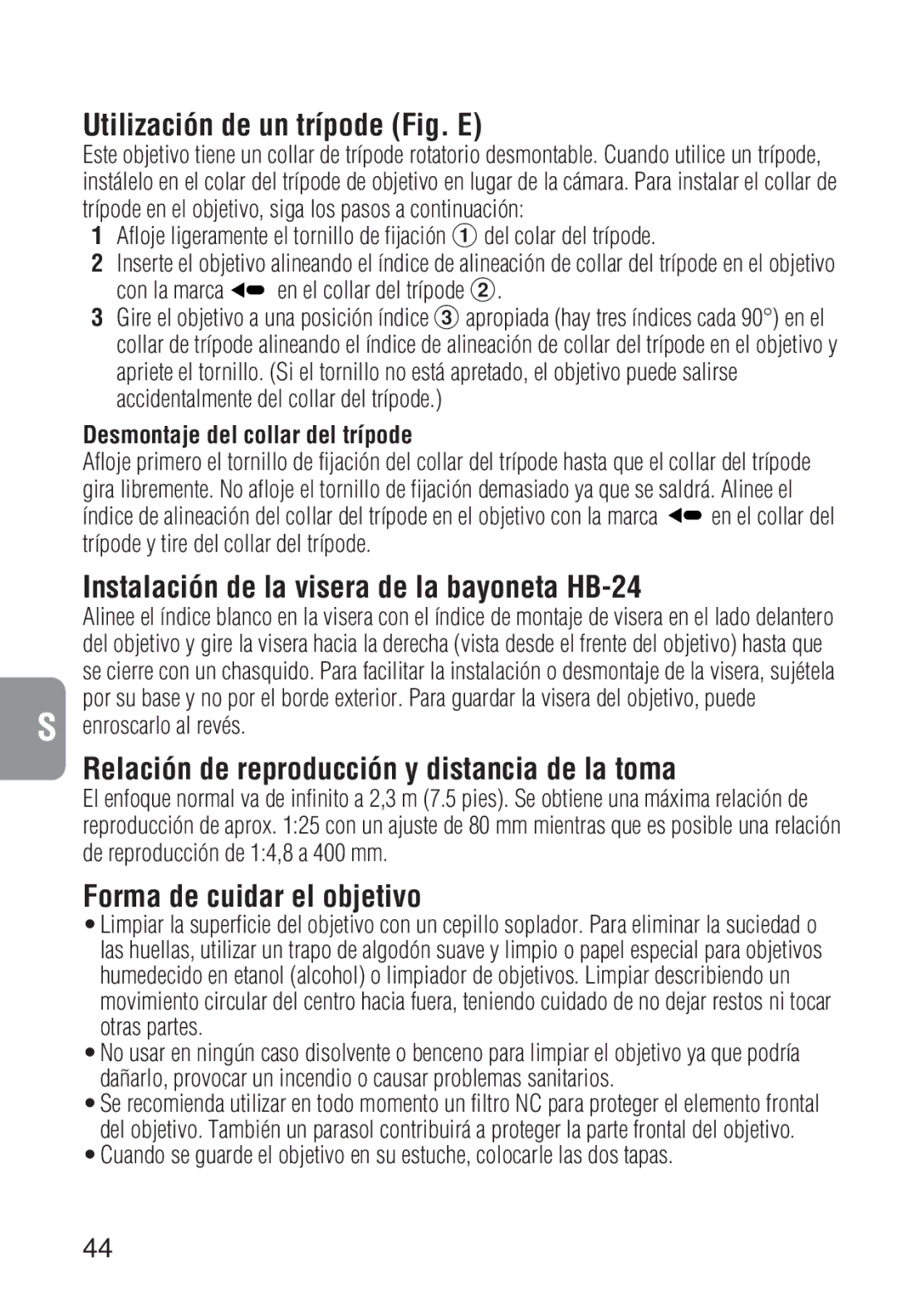 Nikon 2208 Utilización de un trípode Fig. E, Instalación de la visera de la bayoneta HB-24, Forma de cuidar el objetivo 