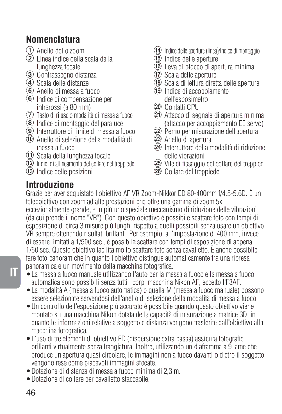 Nikon 2208 instruction manual Introduzione, Indice di montaggio del paraluce, Messa a fuoco Scala della lunghezza focale 