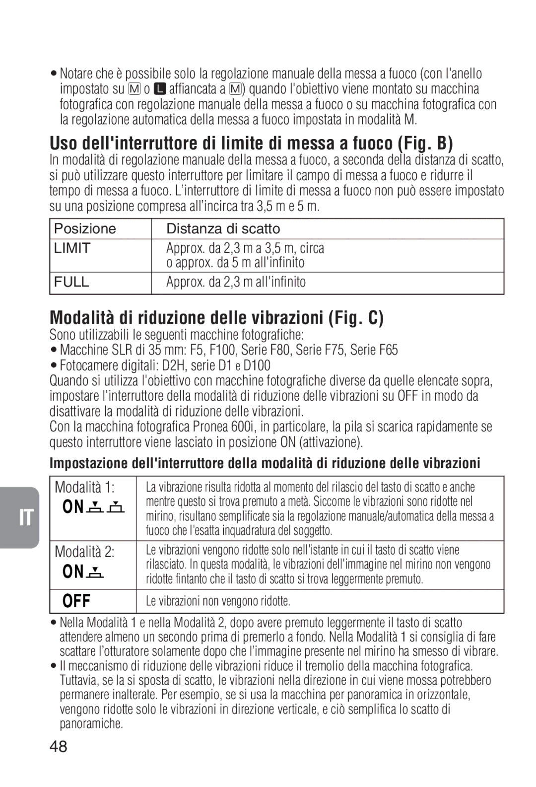 Nikon 2208 Uso dellinterruttore di limite di messa a fuoco Fig. B, Modalità di riduzione delle vibrazioni Fig. C 