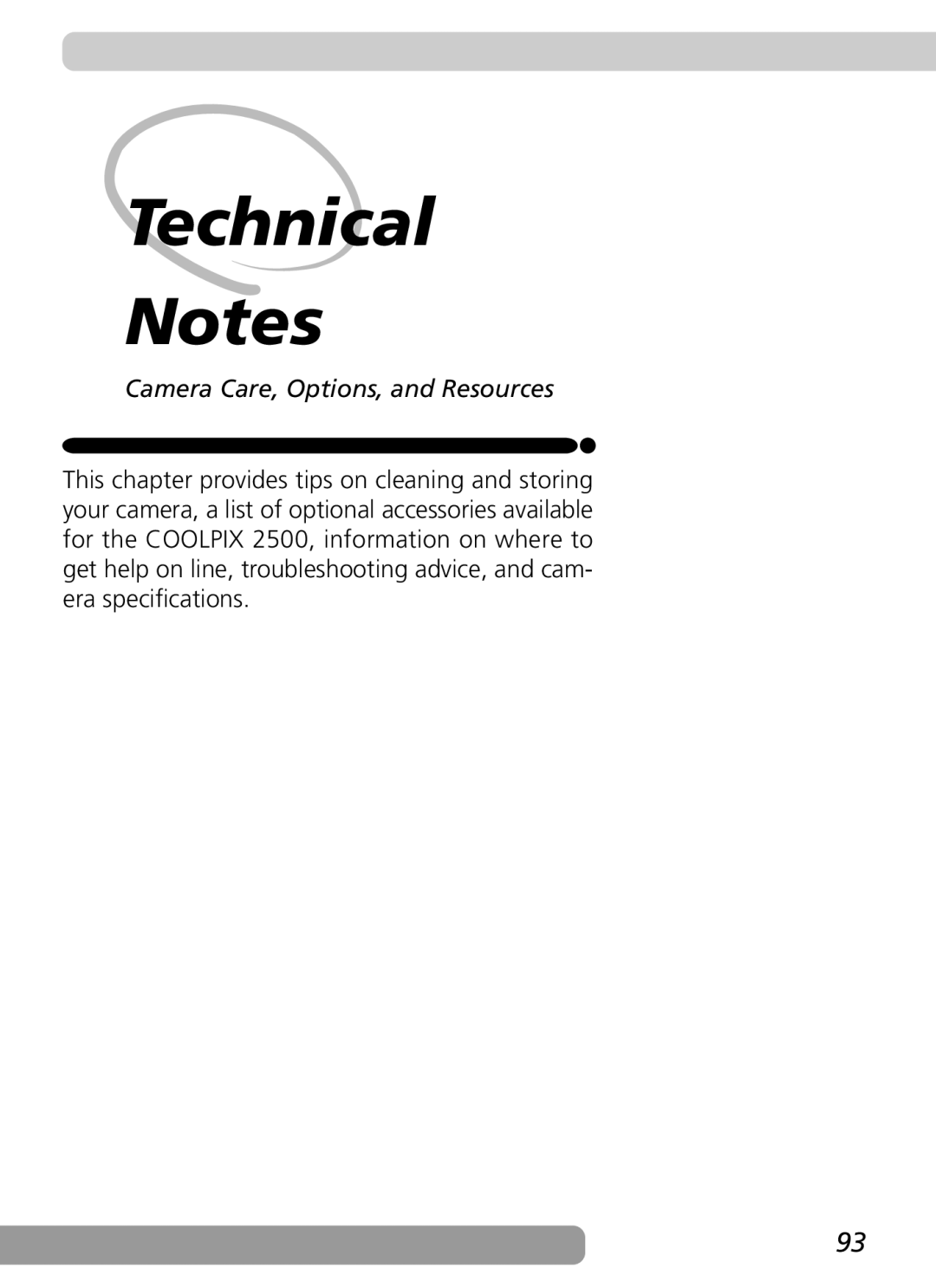 Nikon 2500 manual Technical, Camera Care, Options, and Resources 