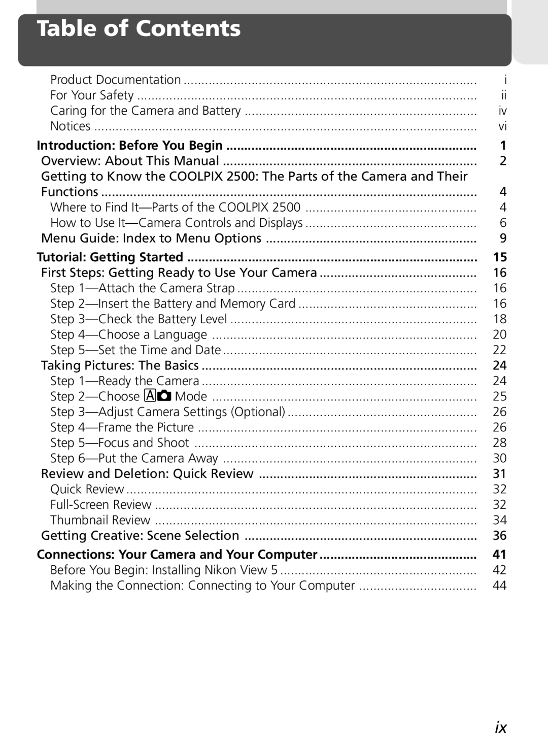 Nikon 2500 manual Table of Contents 