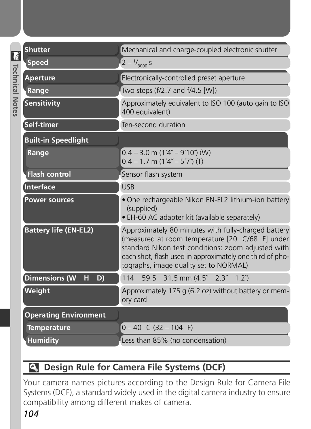 Nikon 2500 manual Design Rule for Camera File Systems DCF, Usb 