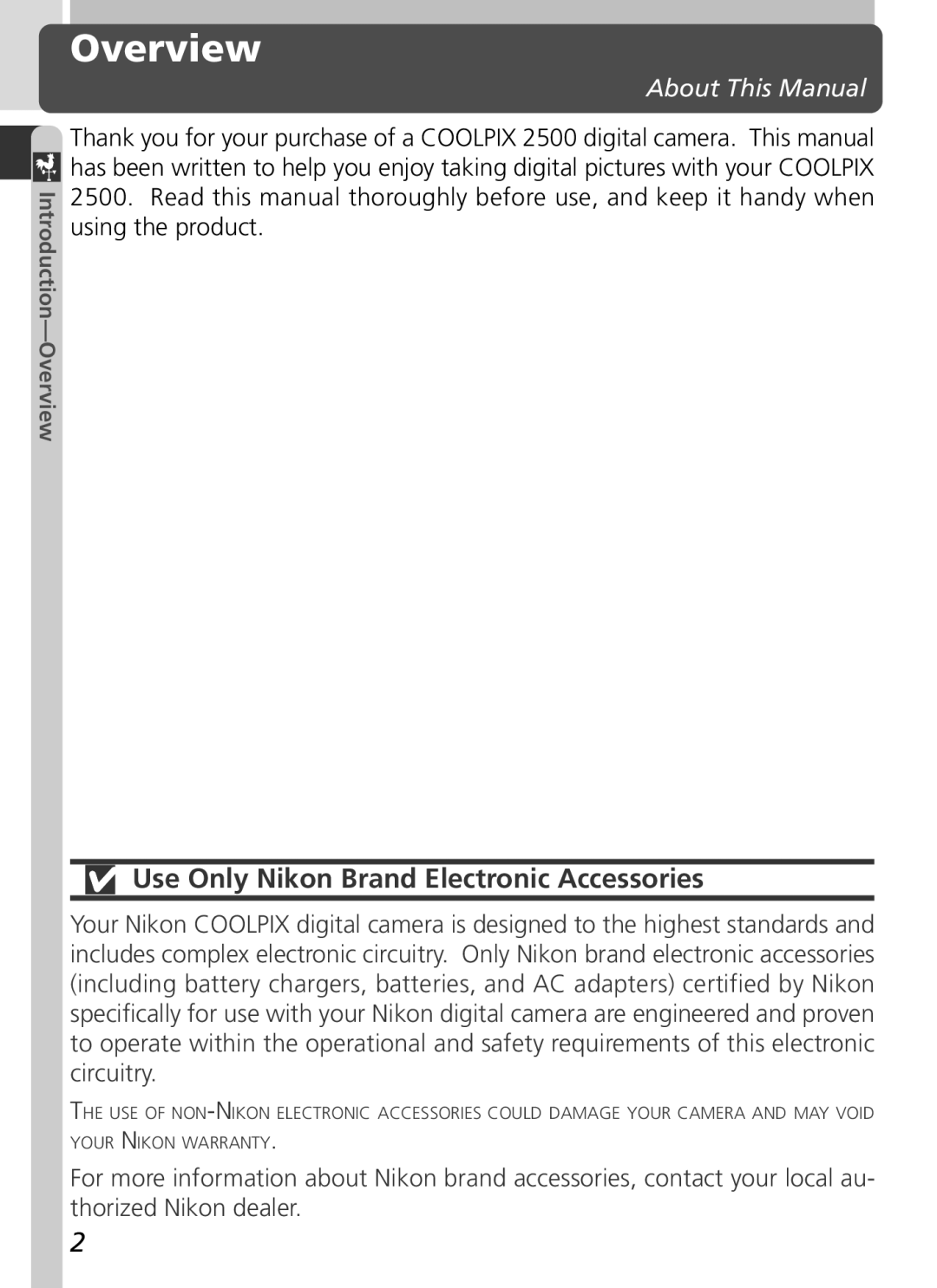 Nikon 2500 manual Overview, Use Only Nikon Brand Electronic Accessories, About This Manual 