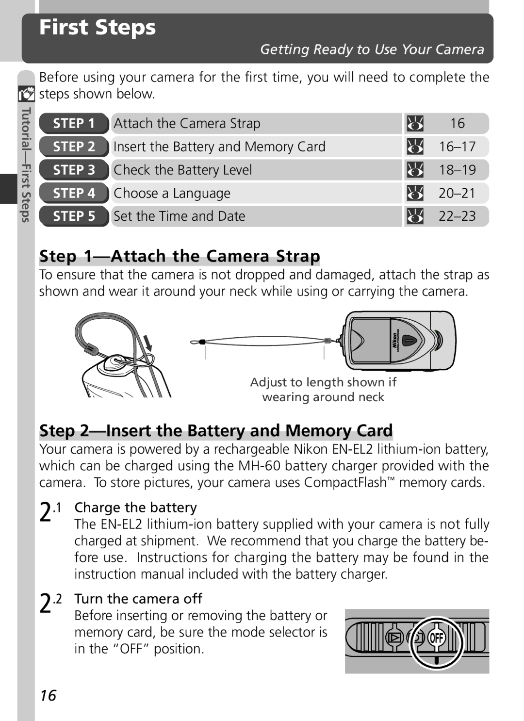 Nikon 2500 First Steps, Attach the Camera Strap, Insert the Battery and Memory Card, Getting Ready to Use Your Camera 