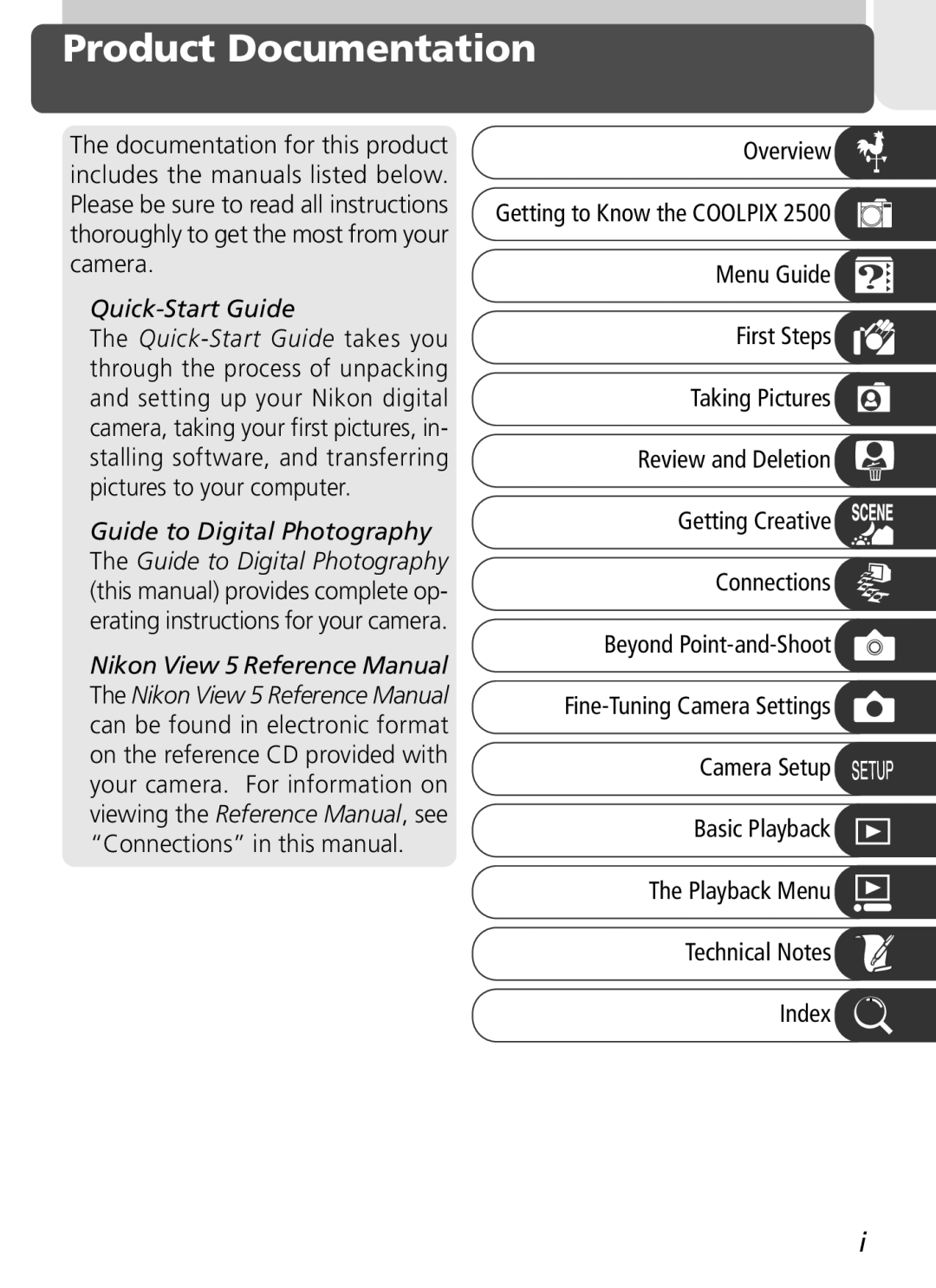 Nikon 2500 manual Product Documentation, Quick-Start Guide 