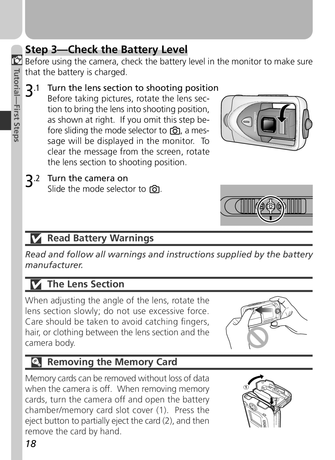 Nikon 2500 manual Check the Battery Level, Read Battery Warnings, Lens Section, Removing the Memory Card 