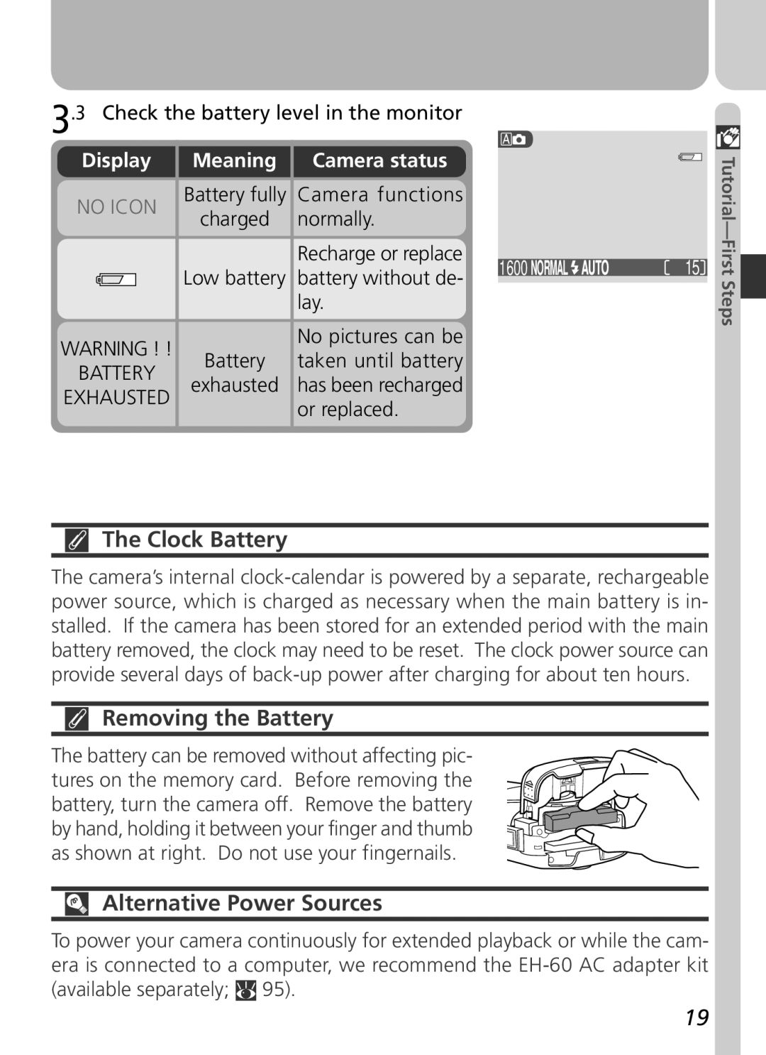 Nikon 2500 manual Clock Battery, Removing the Battery, Alternative Power Sources, Display, Meaning Camera status 