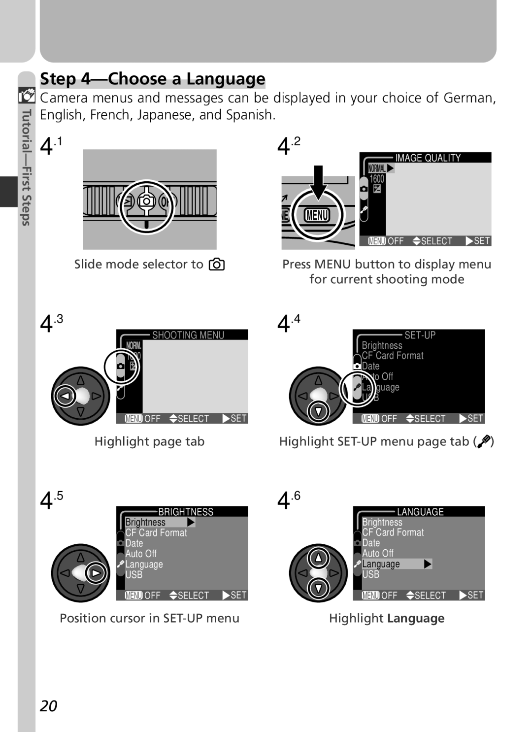 Nikon 2500 manual Choose a Language, Highlight page tab Highlight SET-UP menu page tab 