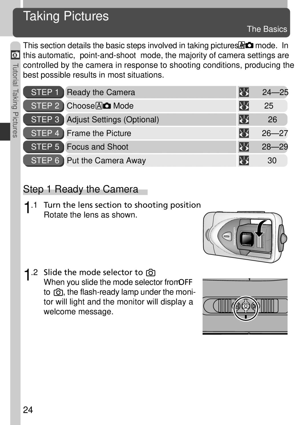 Nikon 2500 manual Taking Pictures, Ready the Camera, Basics 