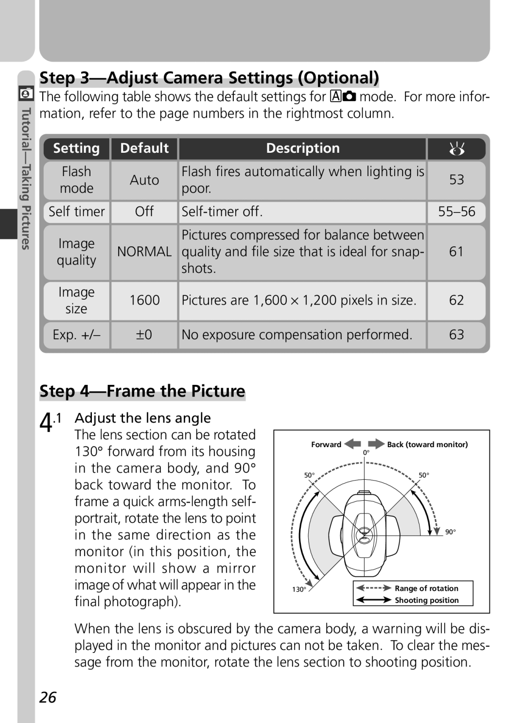 Nikon 2500 manual Adjust Camera Settings Optional, Frame the Picture, Default 