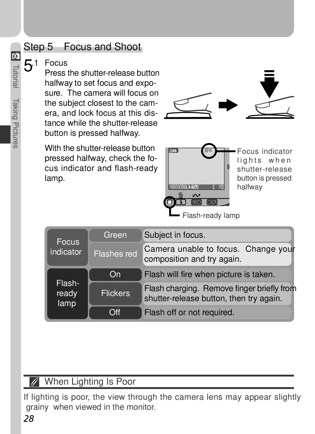 Nikon 2500 manual Focus and Shoot, When Lighting Is Poor, Green Focus Indicator Flashes red Ready Flickers Lamp Off 