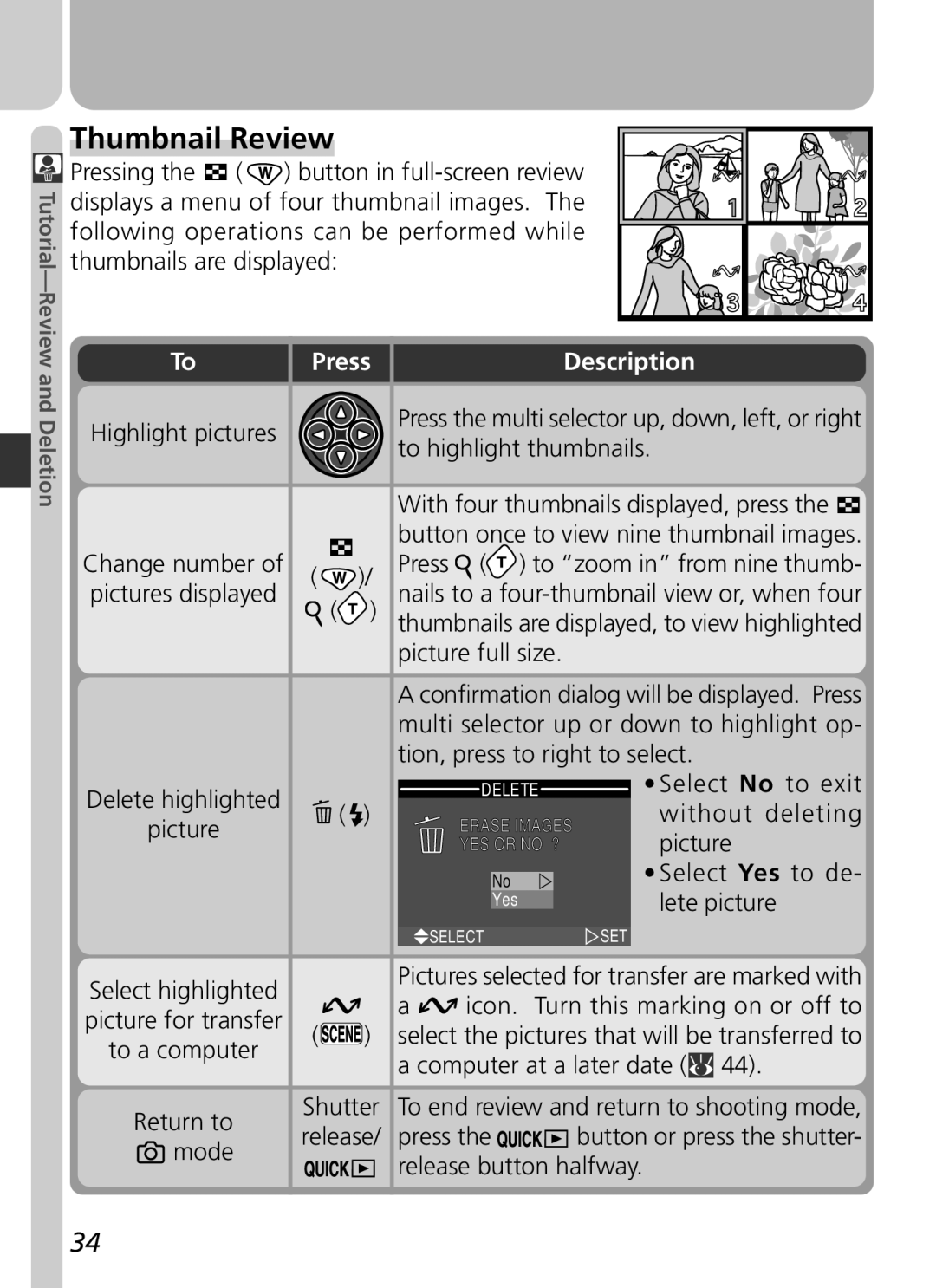 Nikon 2500 manual Thumbnail Review, Highlight pictures, Delete highlighted Picture 