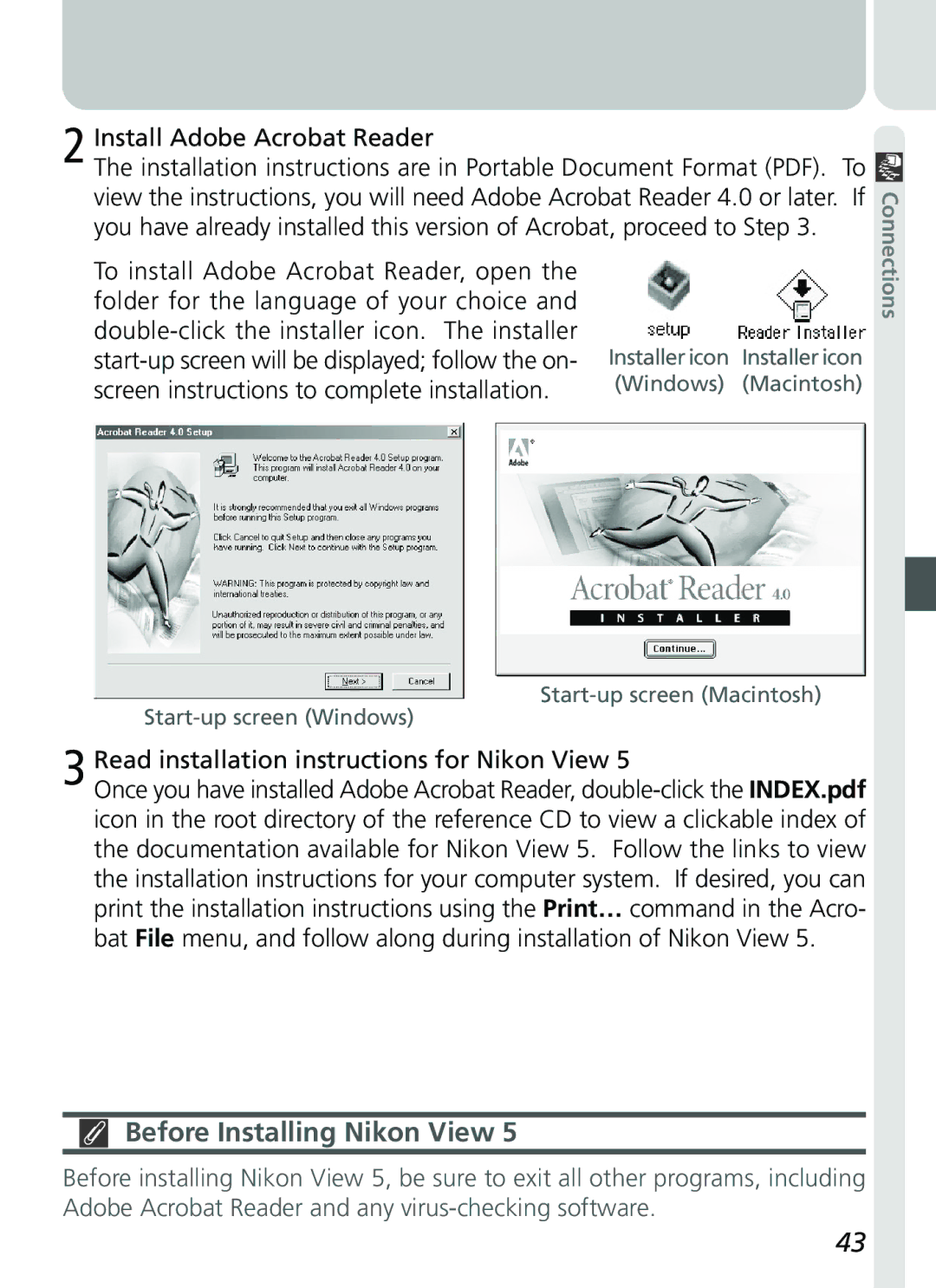 Nikon 2500 manual Before Installing Nikon View, Install Adobe Acrobat Reader, Read installation instructions for Nikon View 