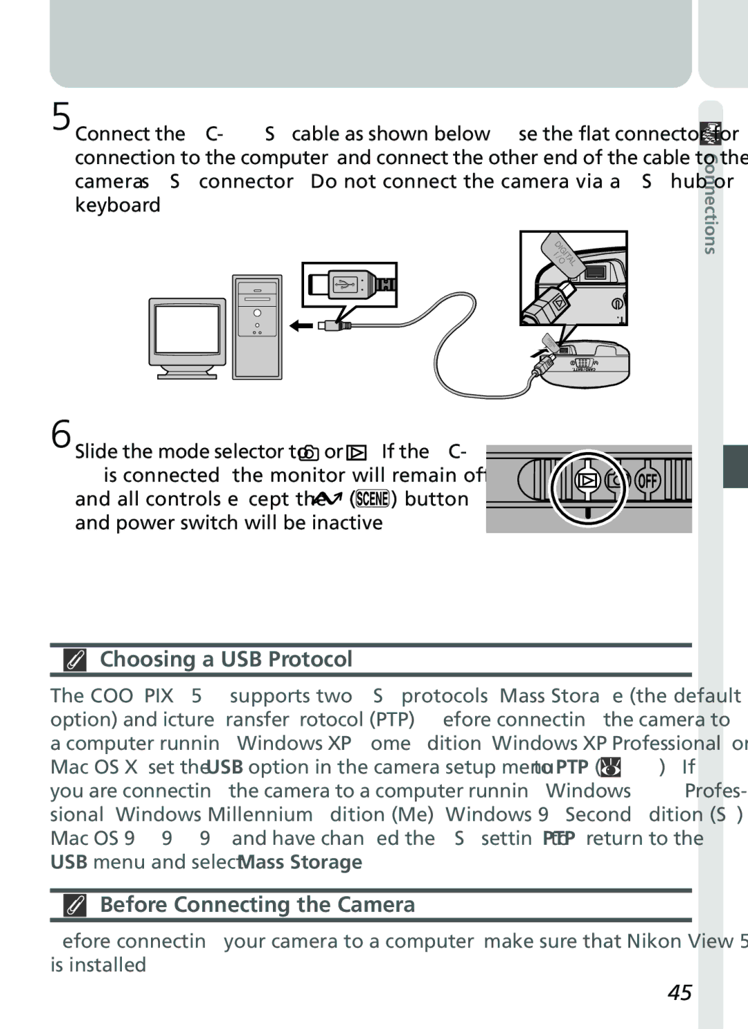 Nikon 2500 manual Choosing a USB Protocol, Before Connecting the Camera 