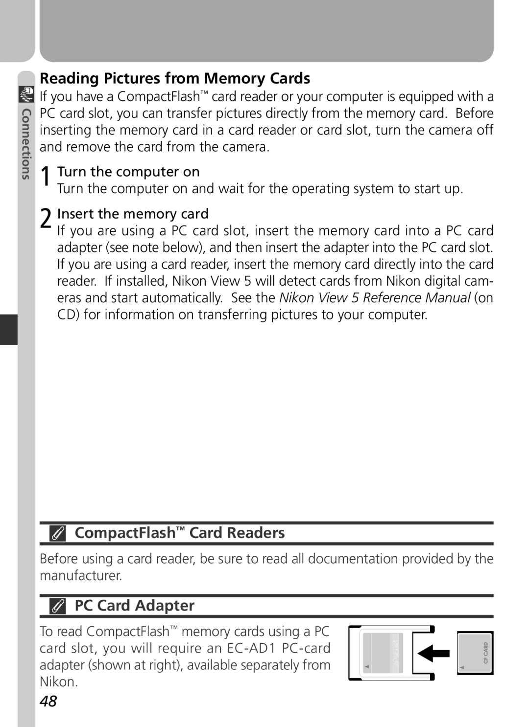 Nikon 2500 manual Reading Pictures from Memory Cards, CompactFlash Card Readers, PC Card Adapter 