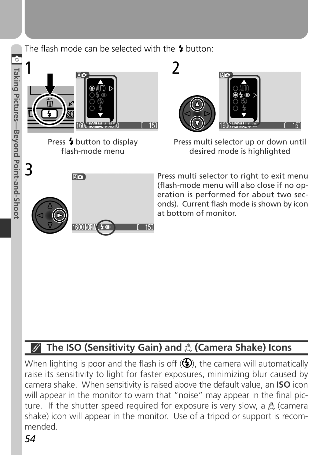 Nikon 2500 manual ISO Sensitivity Gain and Camera Shake Icons, Flash mode can be selected with the button 