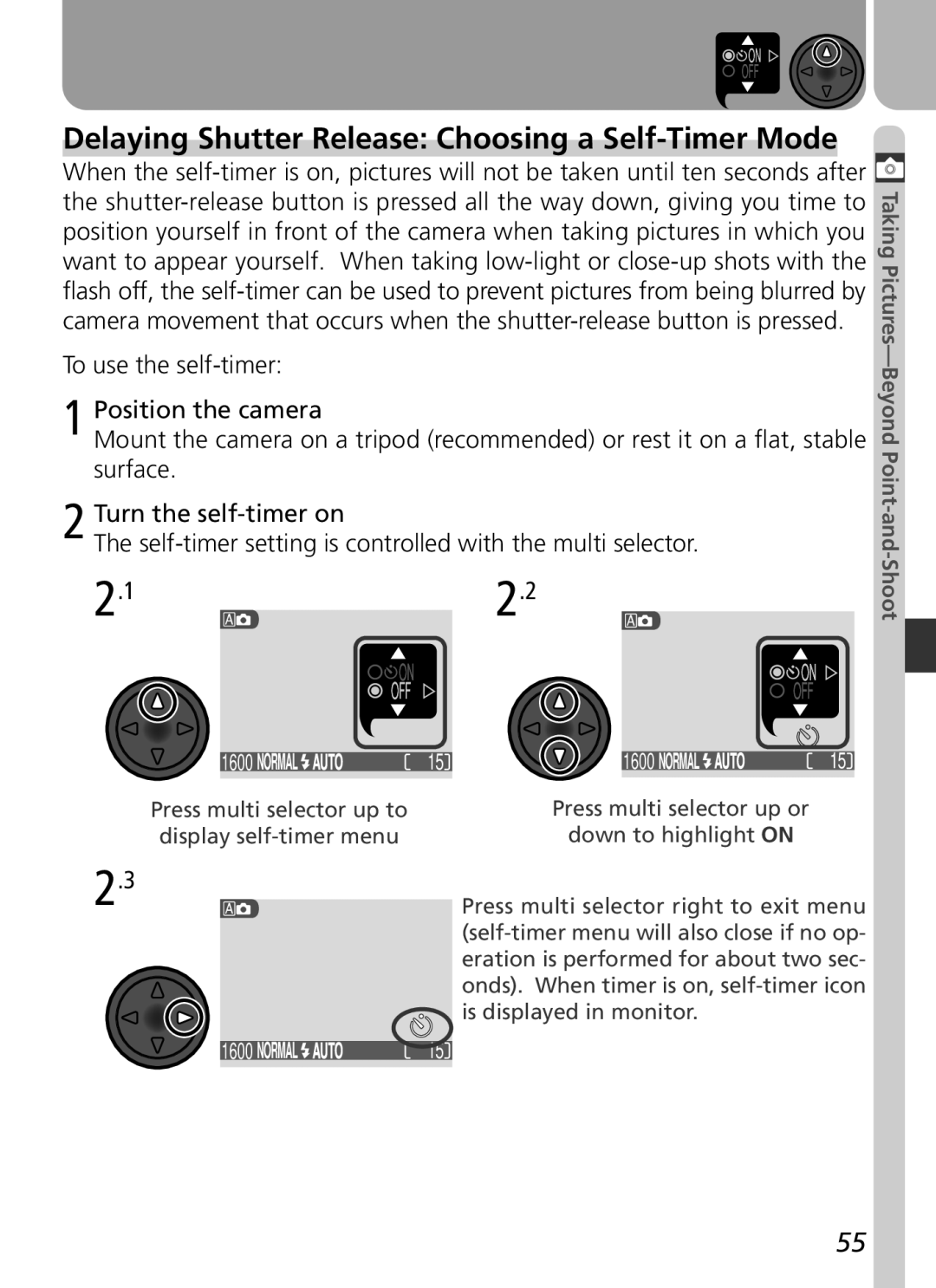 Nikon 2500 manual Delaying Shutter Release Choosing a Self-Timer Mode, Off 