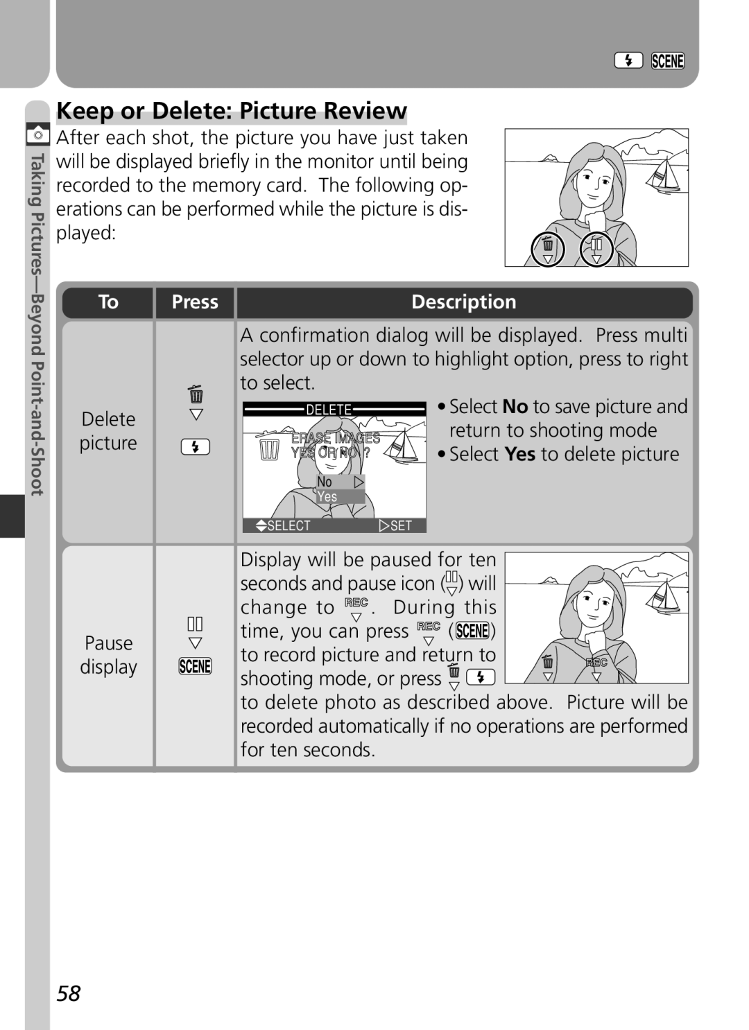 Nikon 2500 manual Keep or Delete Picture Review, Press Description, Delete picture, Will 