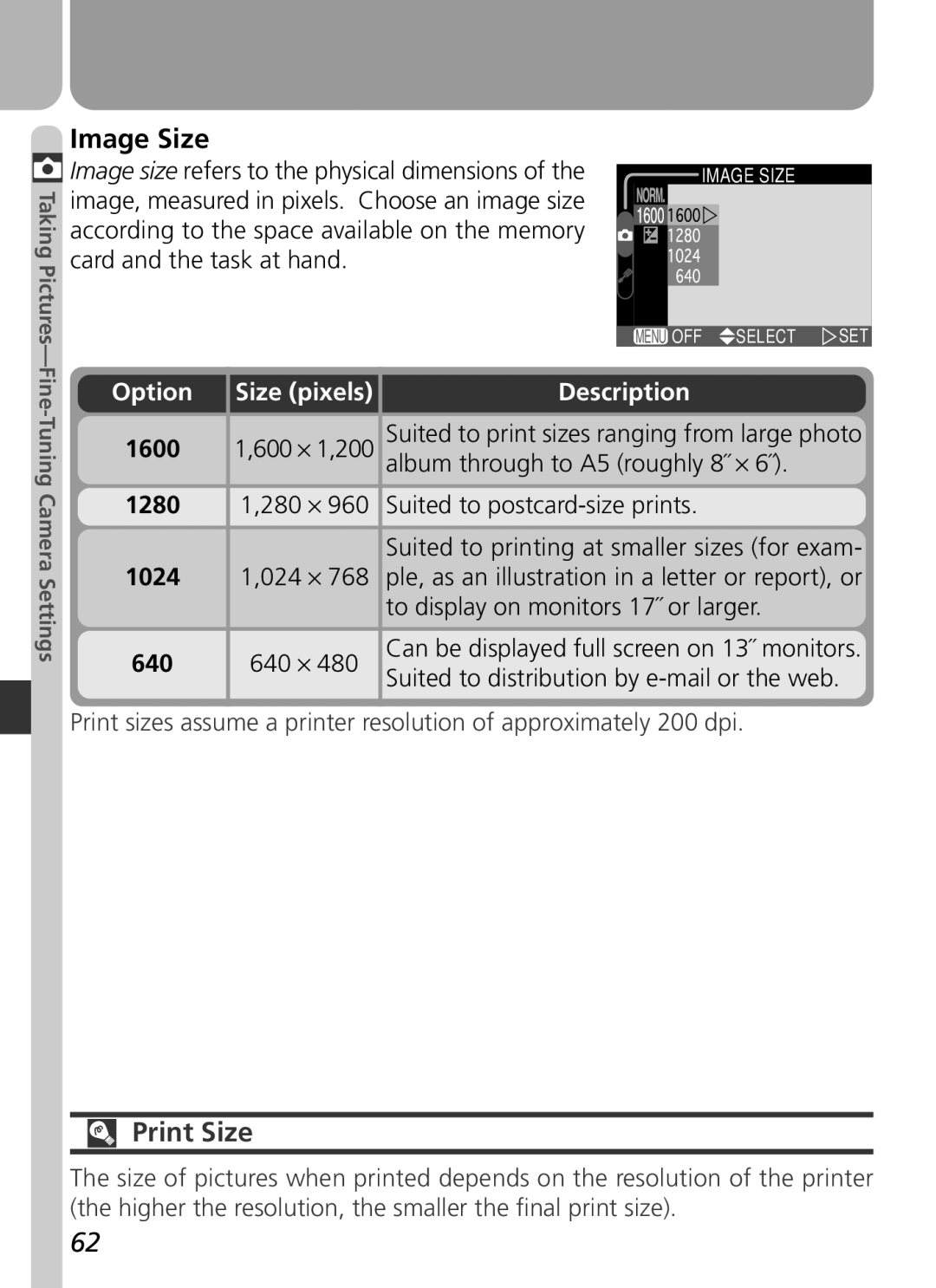 Nikon 2500 manual Image Size, Print Size, Size pixels, 280 ⋅ 024 ⋅ 640 ⋅, Suited to postcard-size prints 