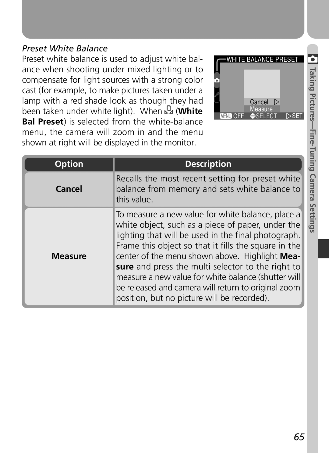 Nikon 2500 manual Preset White Balance, Option Description, This value, Position, but no picture will be recorded 