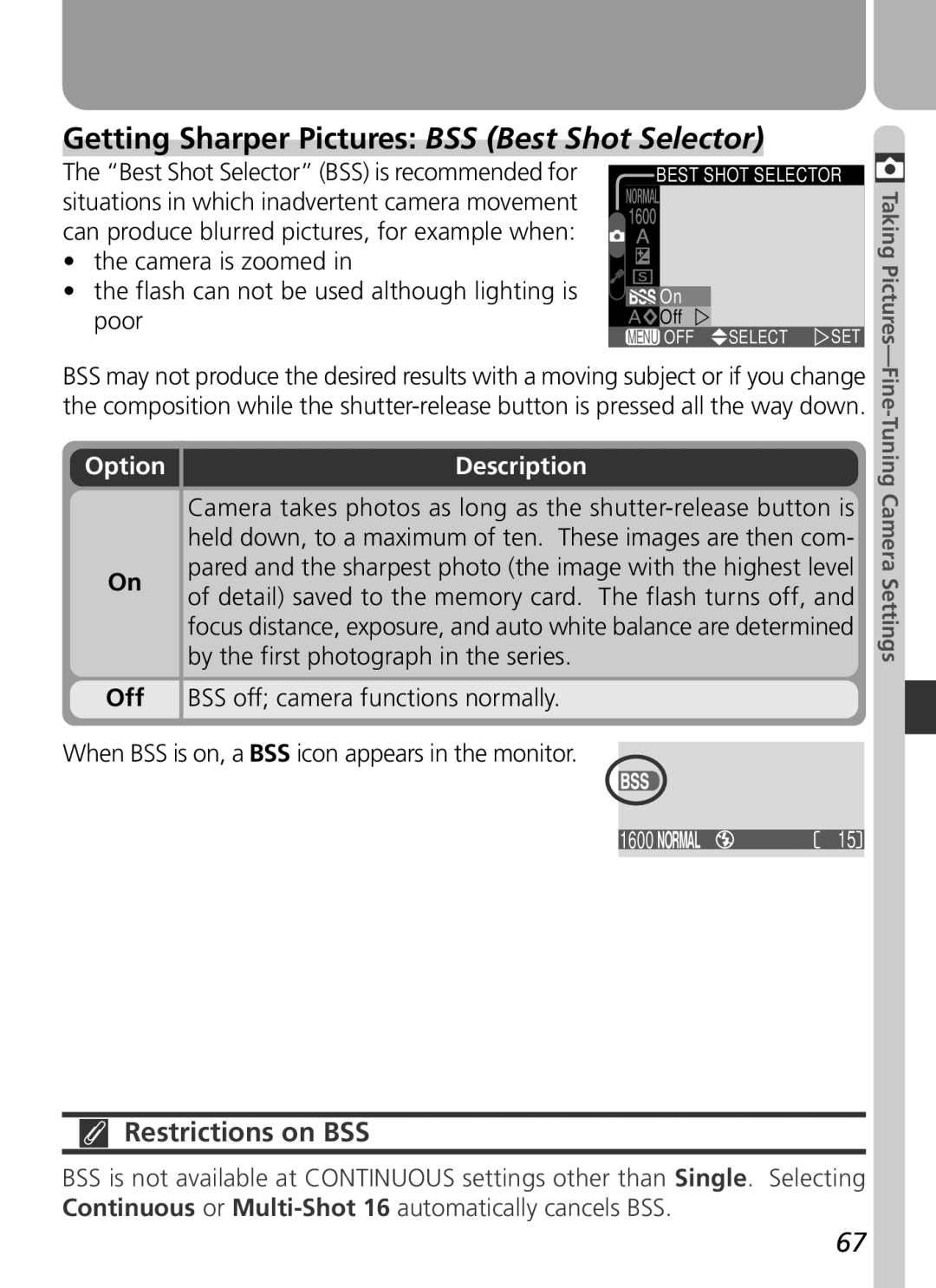 Nikon 2500 manual Getting Sharper Pictures BSS Best Shot Selector, Restrictions on BSS 