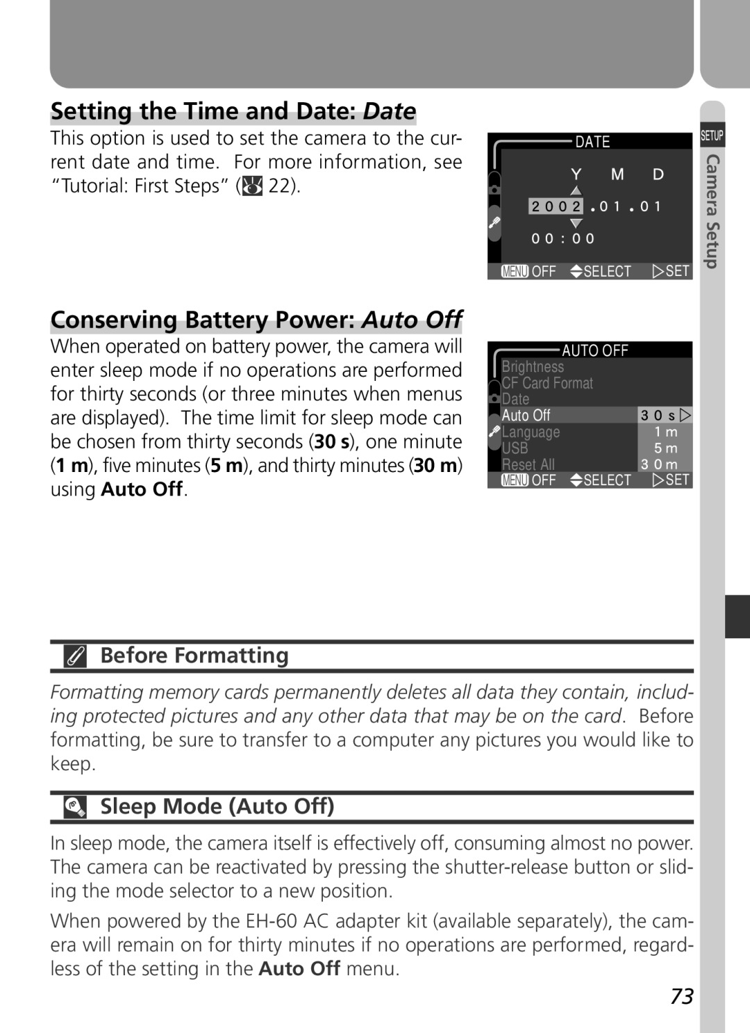 Nikon 2500 manual Setting the Time and Date Date, Conserving Battery Power Auto Off, Before Formatting, Sleep Mode Auto Off 