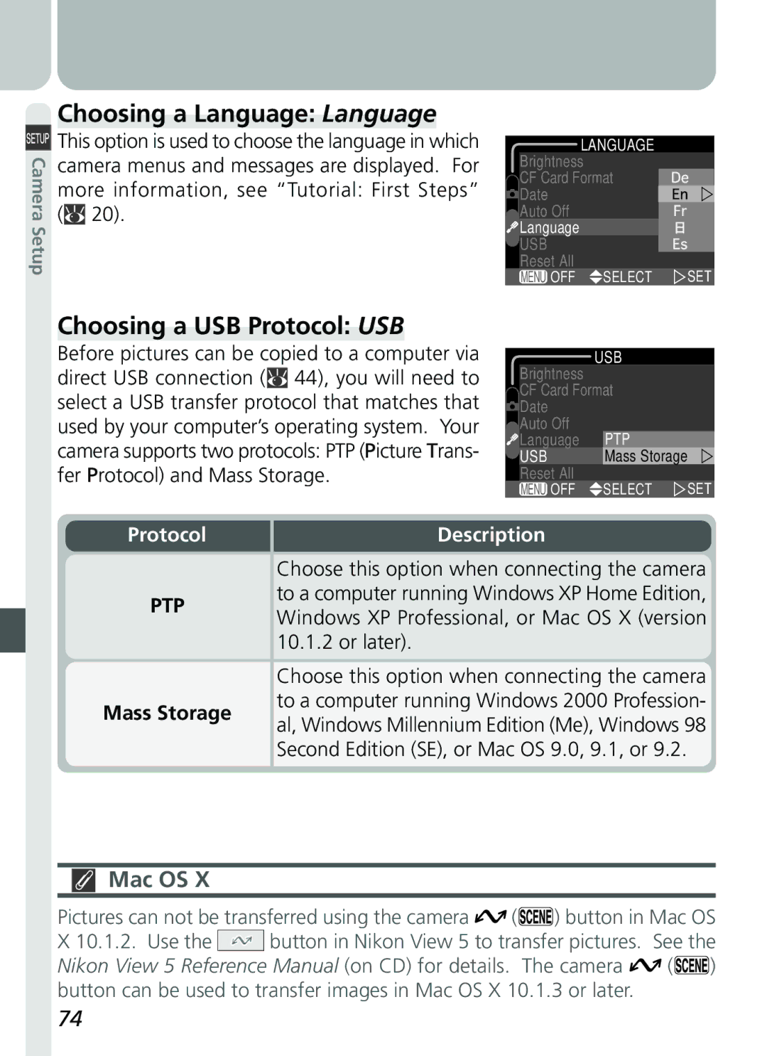 Nikon 2500 manual Choosing a Language Language, Choosing a USB Protocol USB 