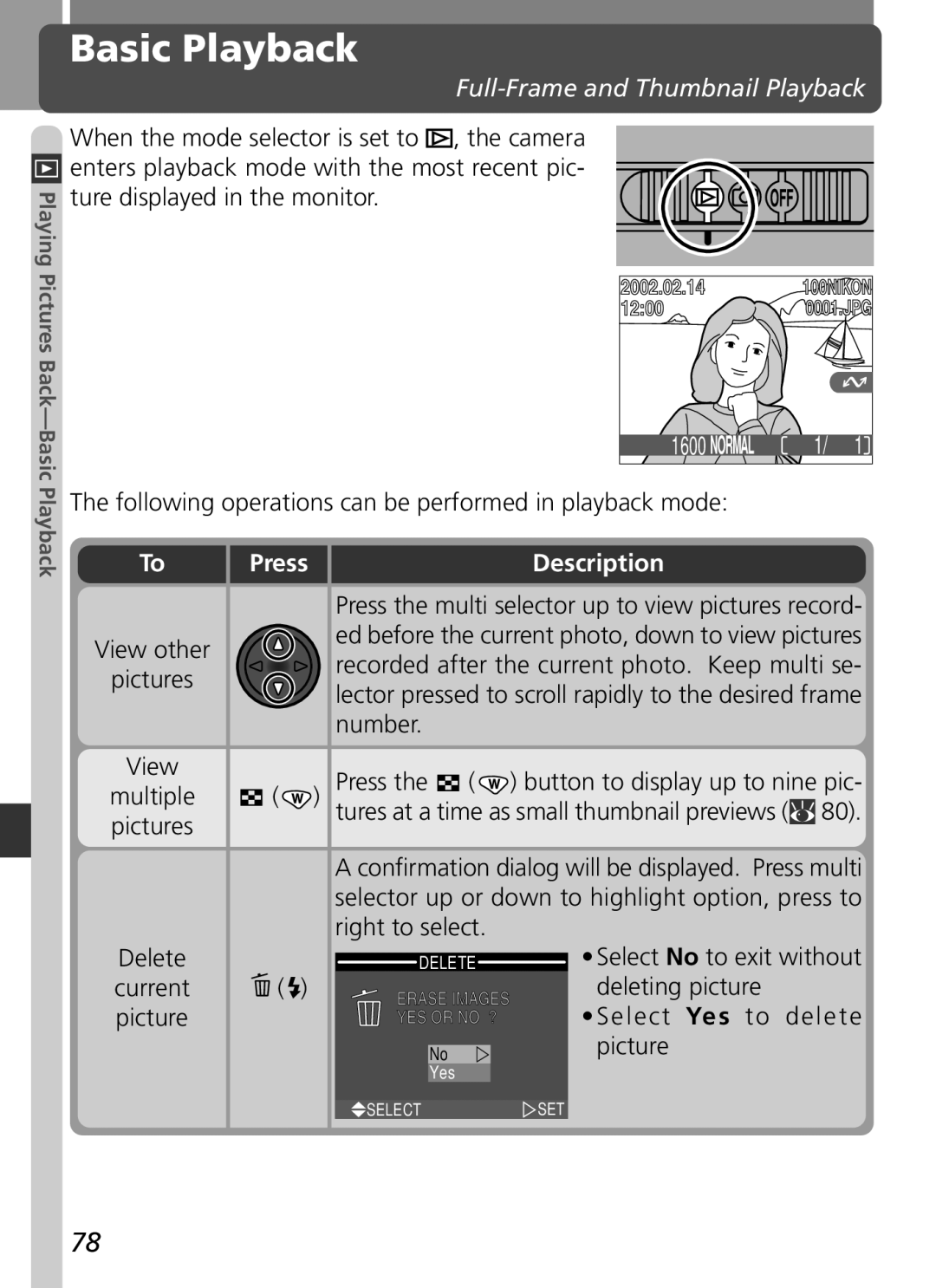 Nikon 2500 manual Basic Playback, Full-Frame and Thumbnail Playback, Ture displayed in the monitor 