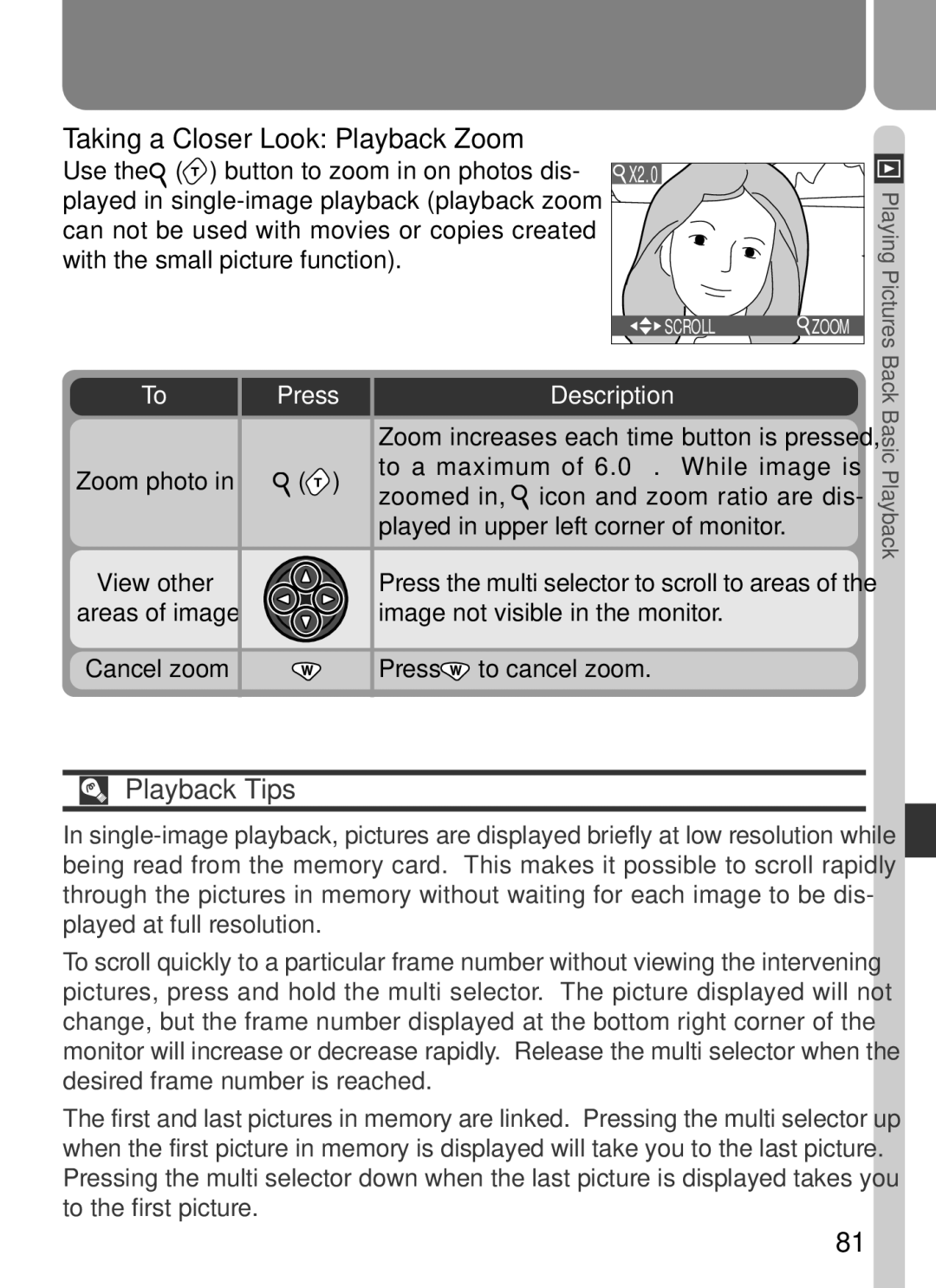 Nikon 2500 manual Taking a Closer Look Playback Zoom, Playback Tips, Zoom photo View other Areas of image Cancel zoom 