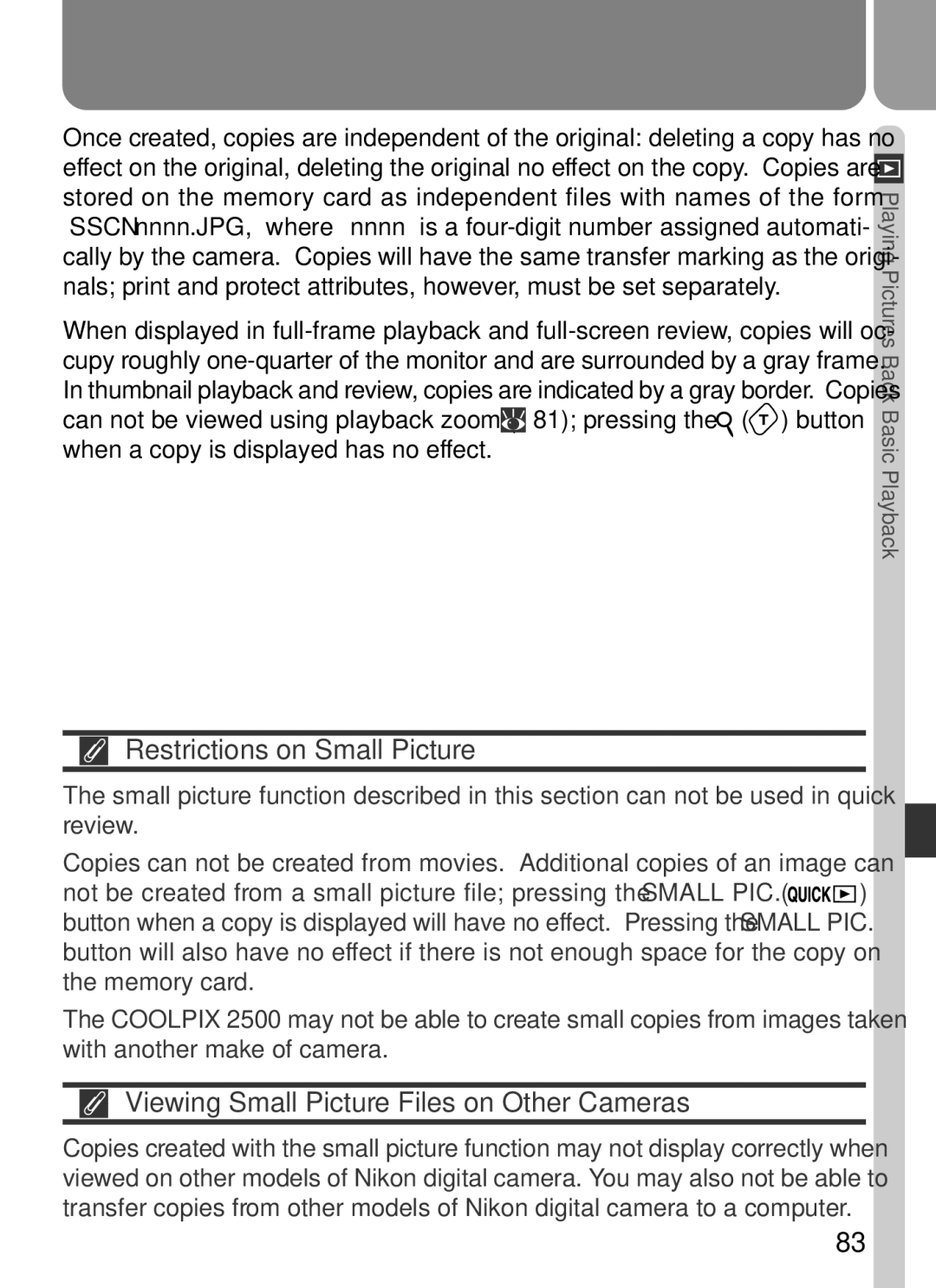 Nikon 2500 manual Restrictions on Small Picture, Viewing Small Picture Files on Other Cameras 